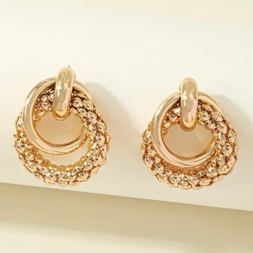 Bold Statement Triple Layer Gold Toned Stud Earrings - Picture 3 of 4